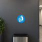 Safety sign sticker, blue circle with white trash icon and walking person