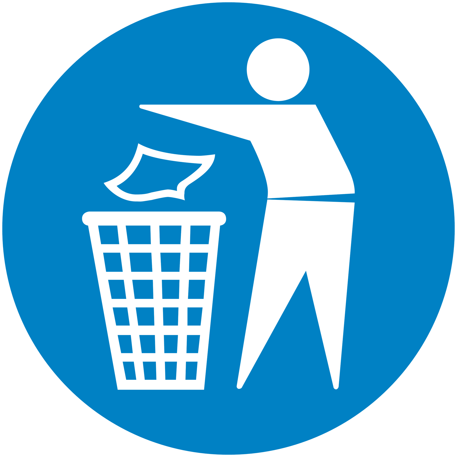 Round blue safety sign sticker with white person tossing trash into a bin