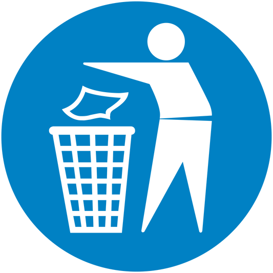 Round blue safety sign sticker with white person tossing trash into a bin