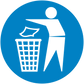 Round blue safety sign sticker with white person tossing trash into a bin