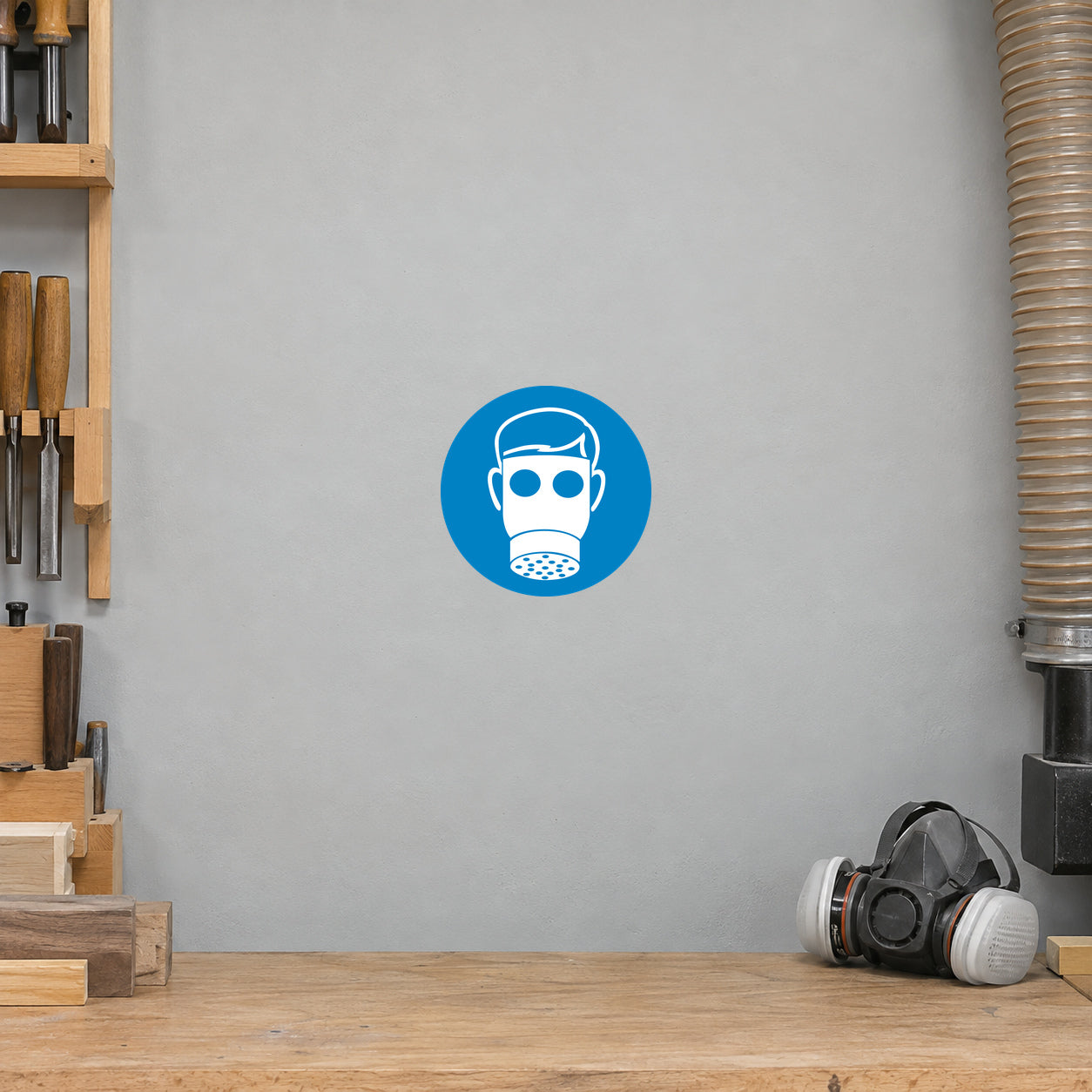 Safety sign sticker with blue circular respirator mask icon