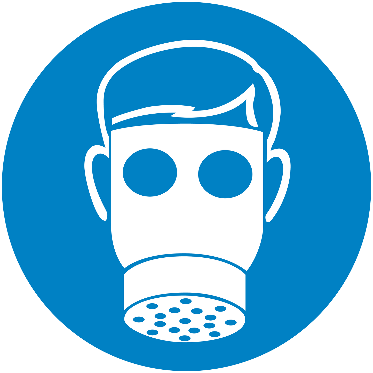 Safety sign sticker with blue circle and white face-mask icon with respirator filter
