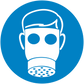 Safety sign sticker with blue circle and white face-mask icon with respirator filter