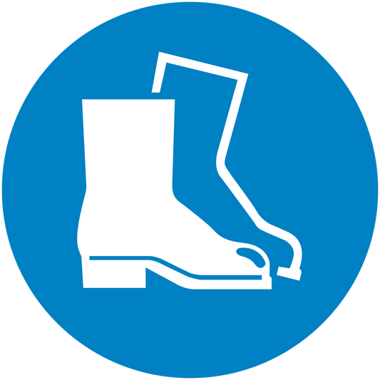 Safety sign sticker: round blue label with white work boot icon