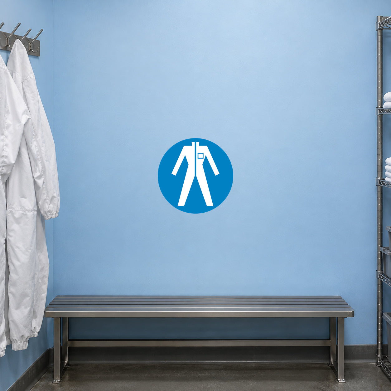 Safety sign sticker with blue circular background and white icon of person walking