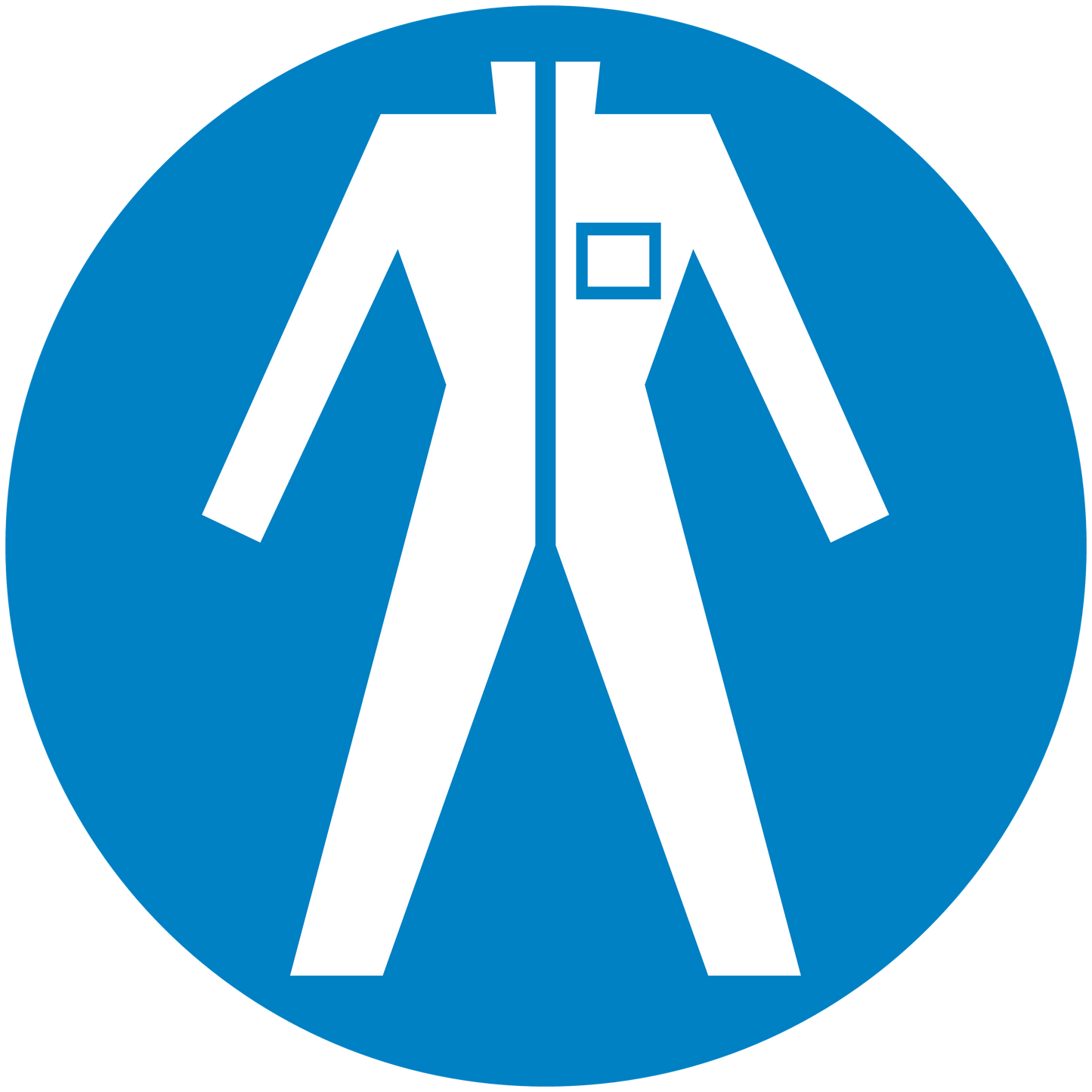 Circular blue safety sign sticker with white lab icon and test-tube flask