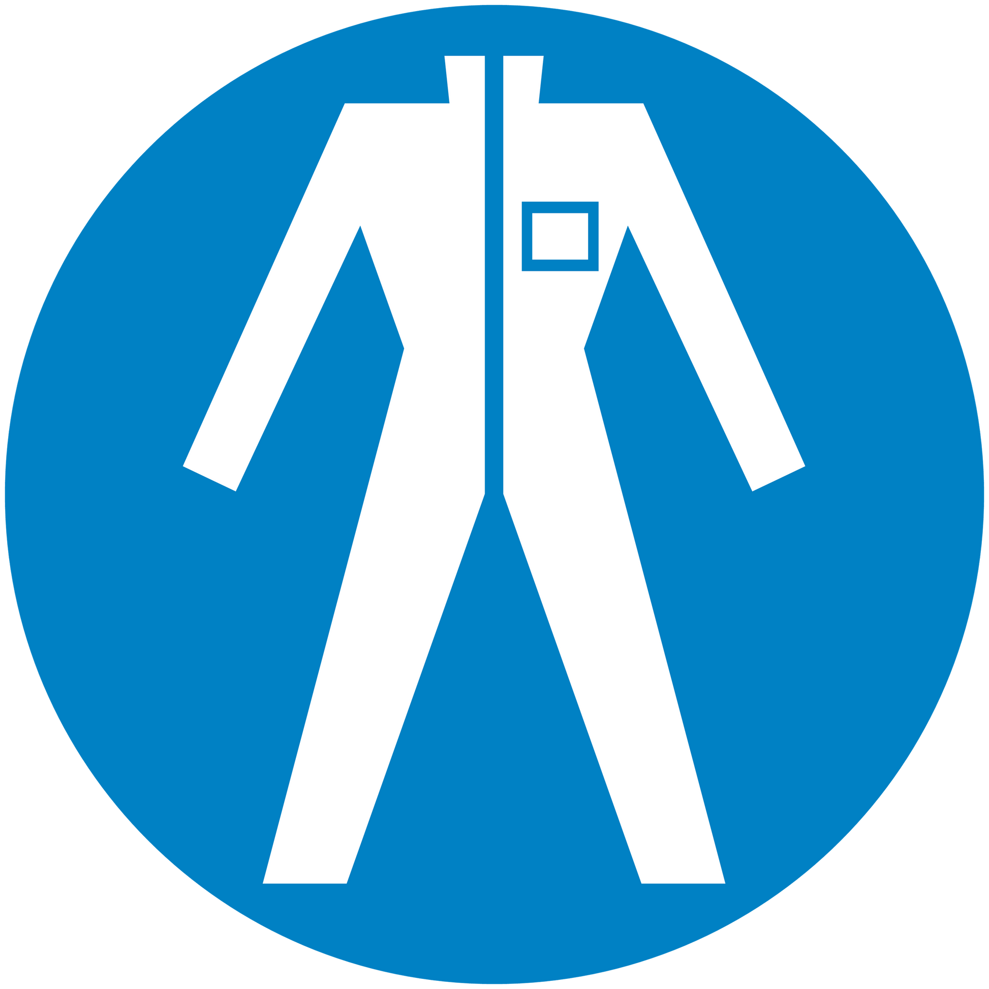 Circular blue safety sign sticker with white lab icon and test-tube flask