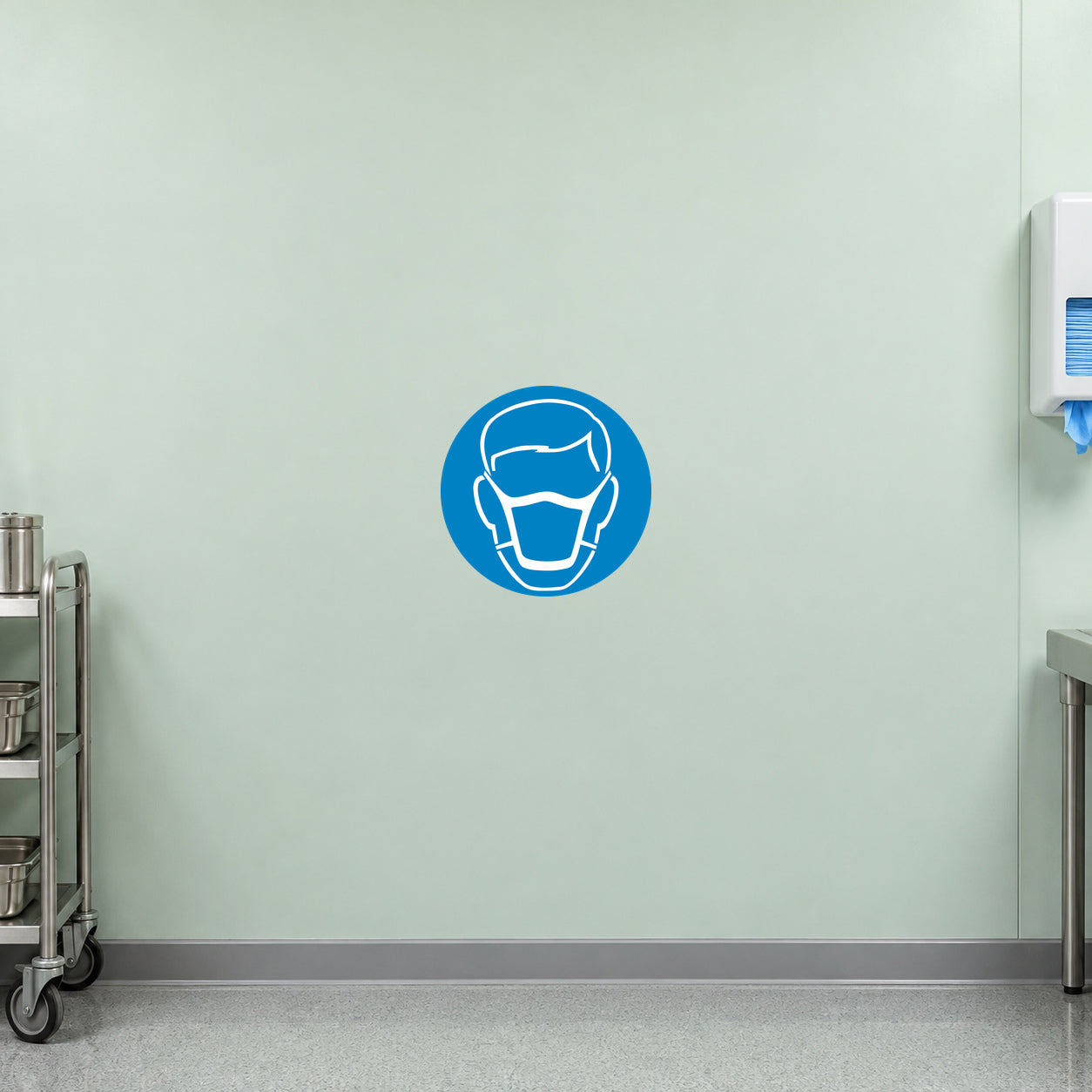 Blue circular safety sign sticker with white respirator mask icon