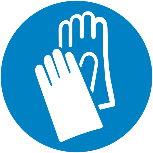 Safety sign sticker with white hand icon on blue circular background