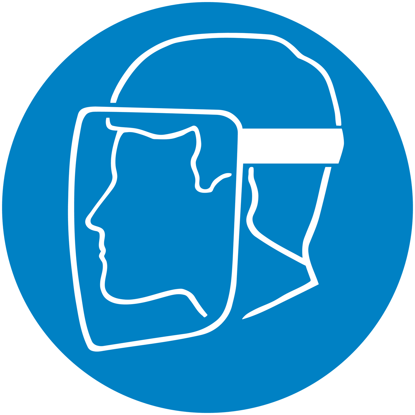Safety sign sticker, blue round design with white outline PPE mask icon