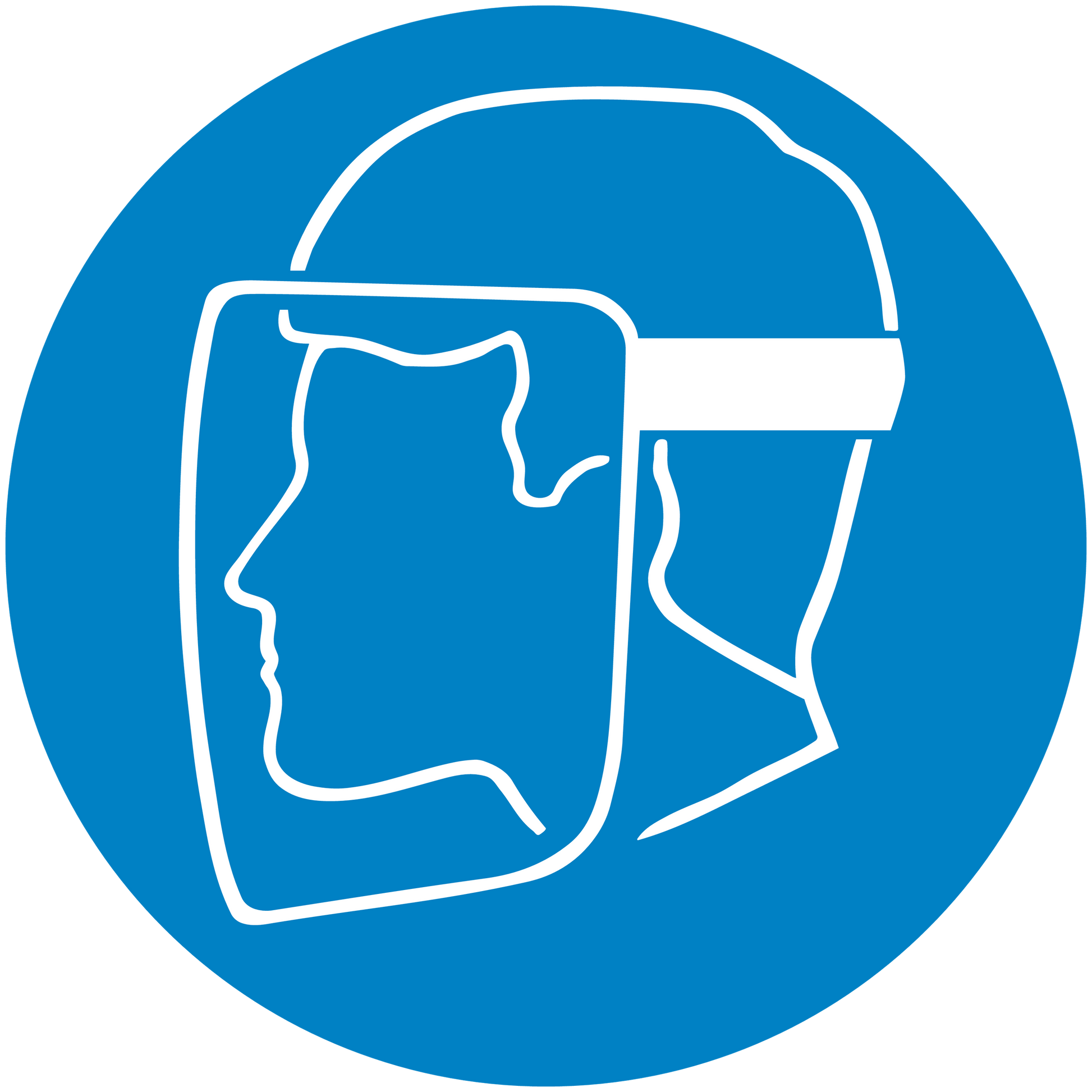 Safety sign sticker, blue round design with white outline PPE mask icon