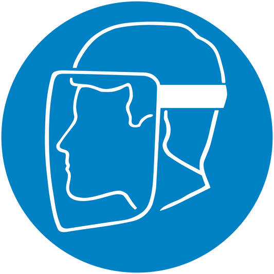 Safety sign sticker, blue round design with white outline PPE mask icon