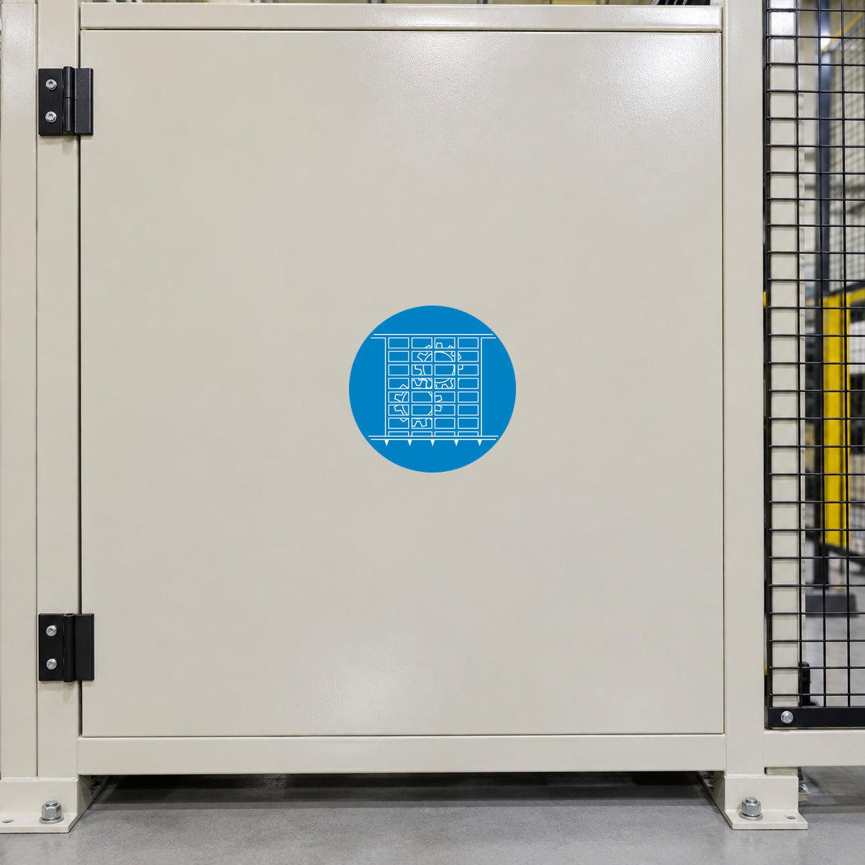 Round blue safety sign sticker with white warning icons