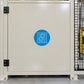 Round blue safety sign sticker with white warning icons