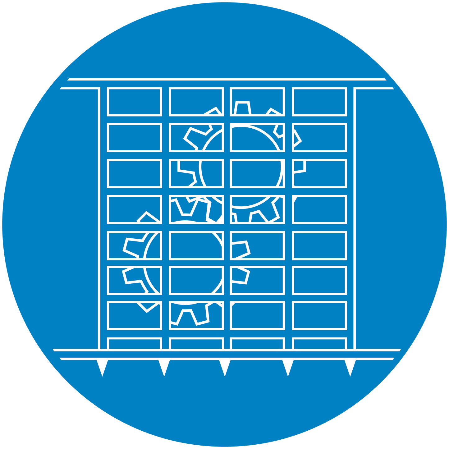 Safety sign sticker: blue circular design with white warning symbols in a grid