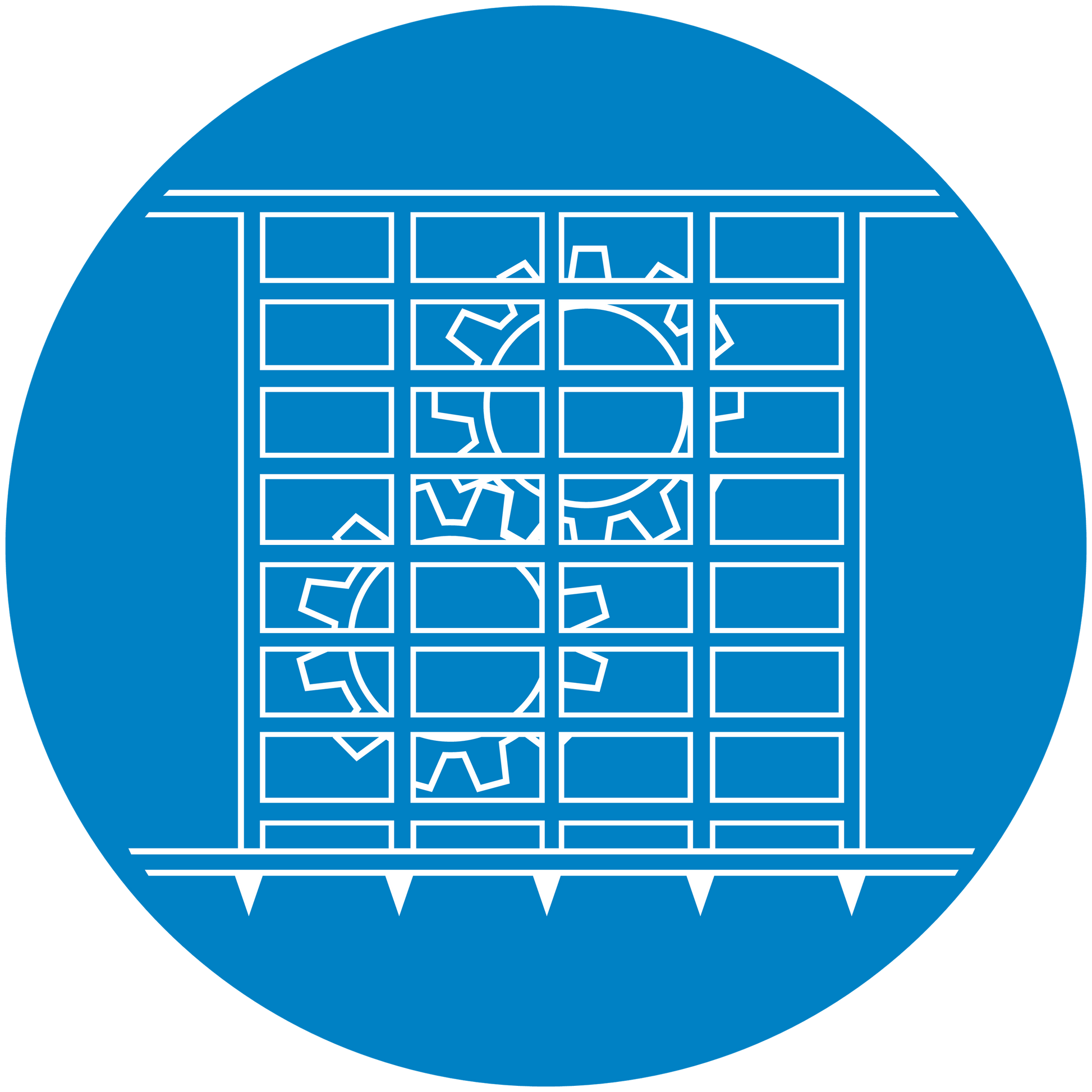 Safety sign sticker: blue circular design with white warning symbols in a grid