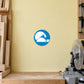 Circular blue safety sign sticker with white mountain graphic and diagonal slash