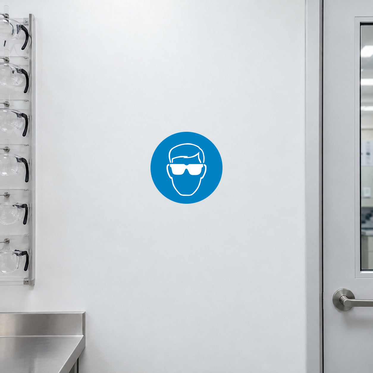 Safety sign sticker with blue circle and white respirator mask icon