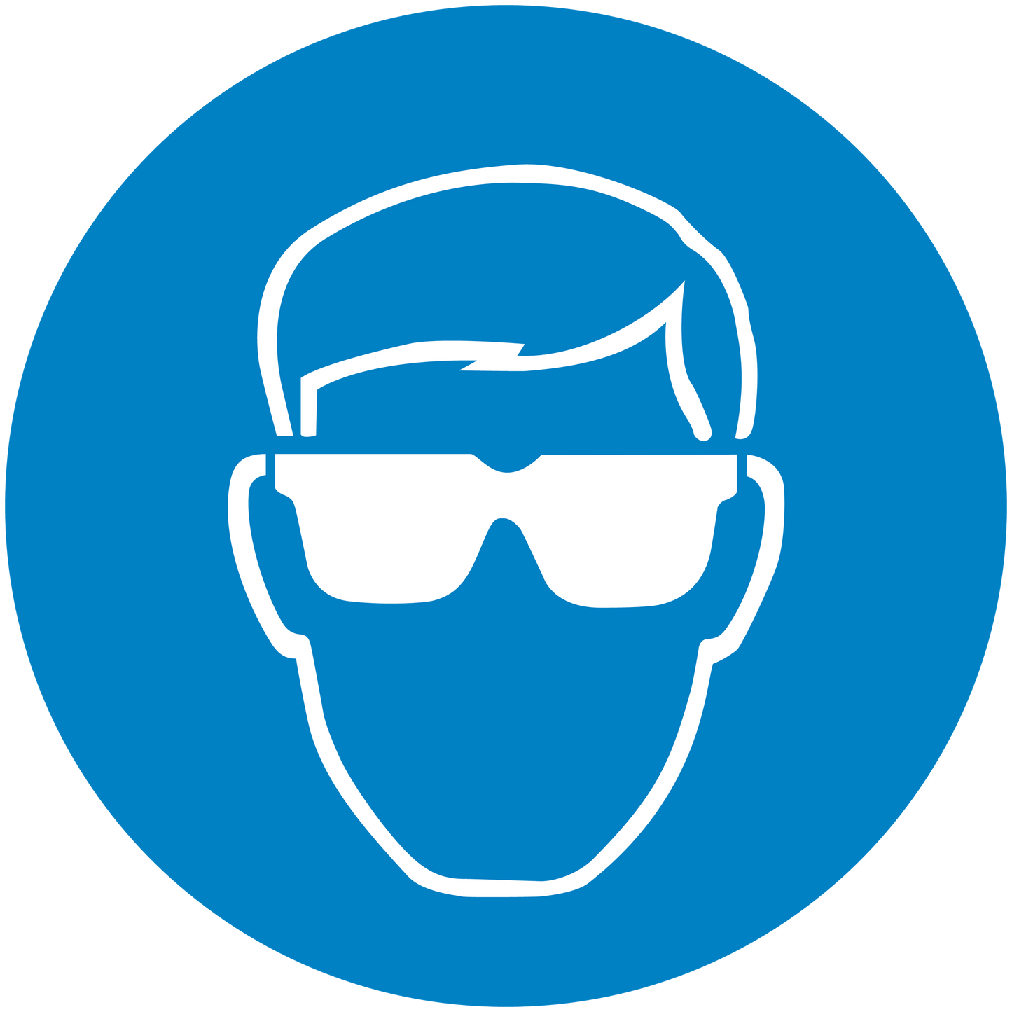 Safety sign sticker: circular blue with white face mask and safety goggles icon