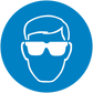 Safety sign sticker: circular blue with white face mask and safety goggles icon