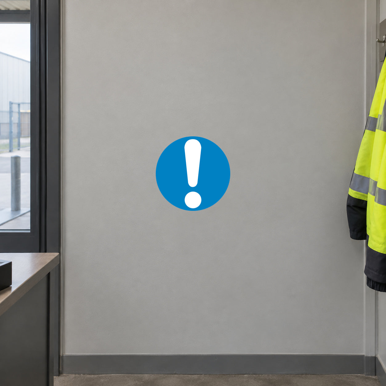 Safety sign sticker with blue circle and white exclamation mark