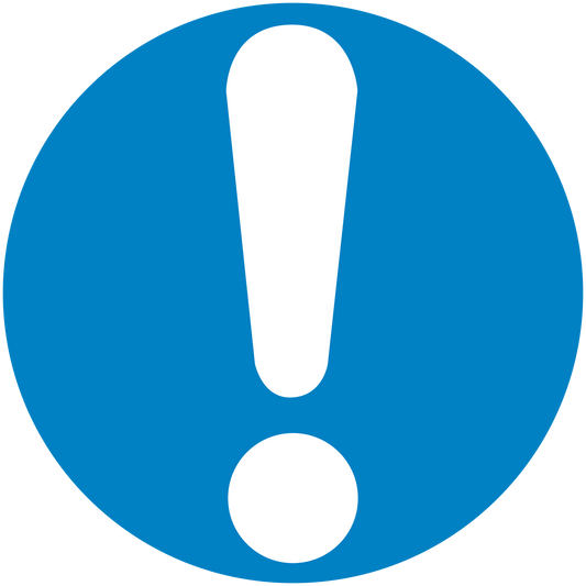 Blue safety sign sticker with white exclamation mark inside a circle
