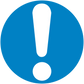 Blue safety sign sticker with white exclamation mark inside a circle
