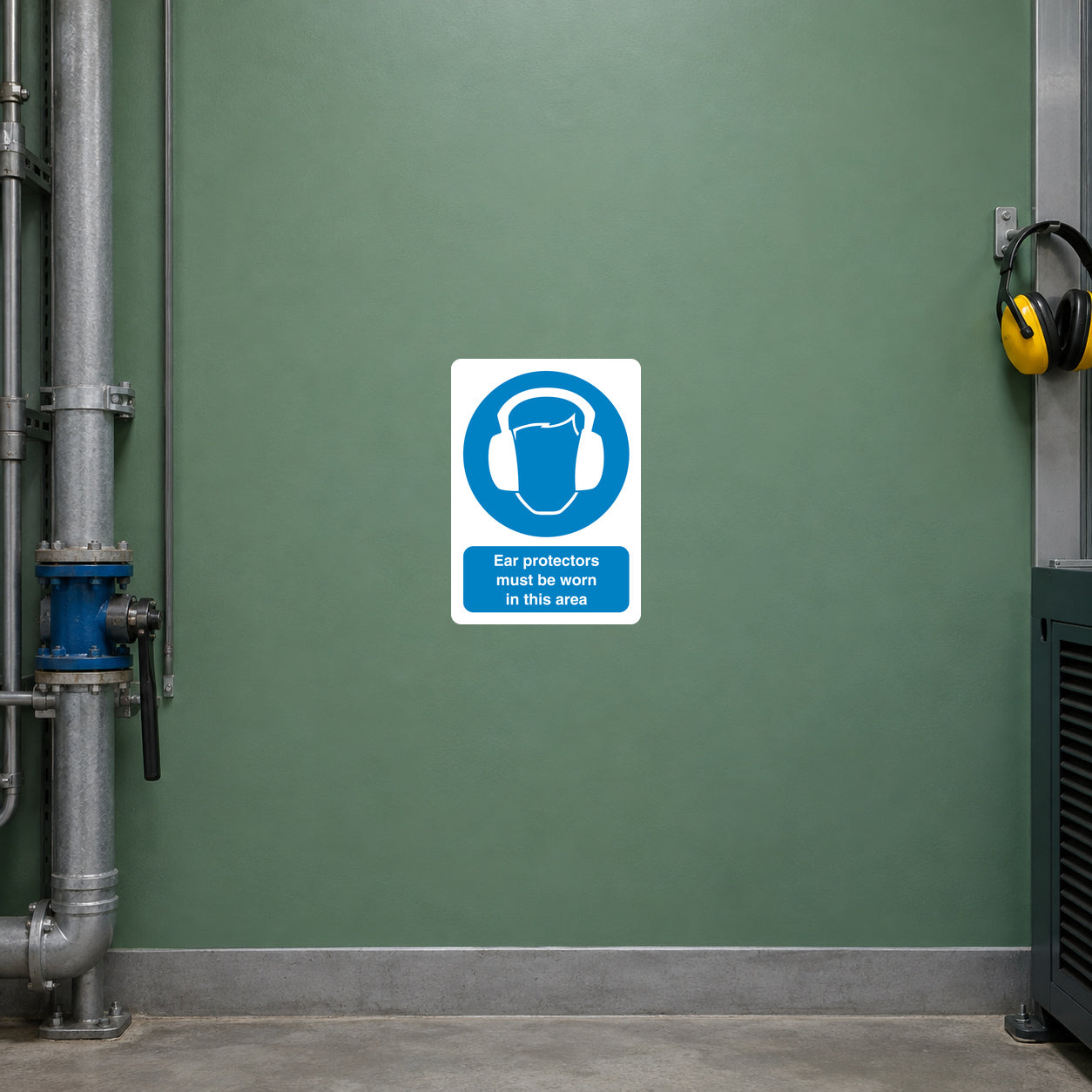 Safety sign sticker, square white with blue ear protection icon and warning text