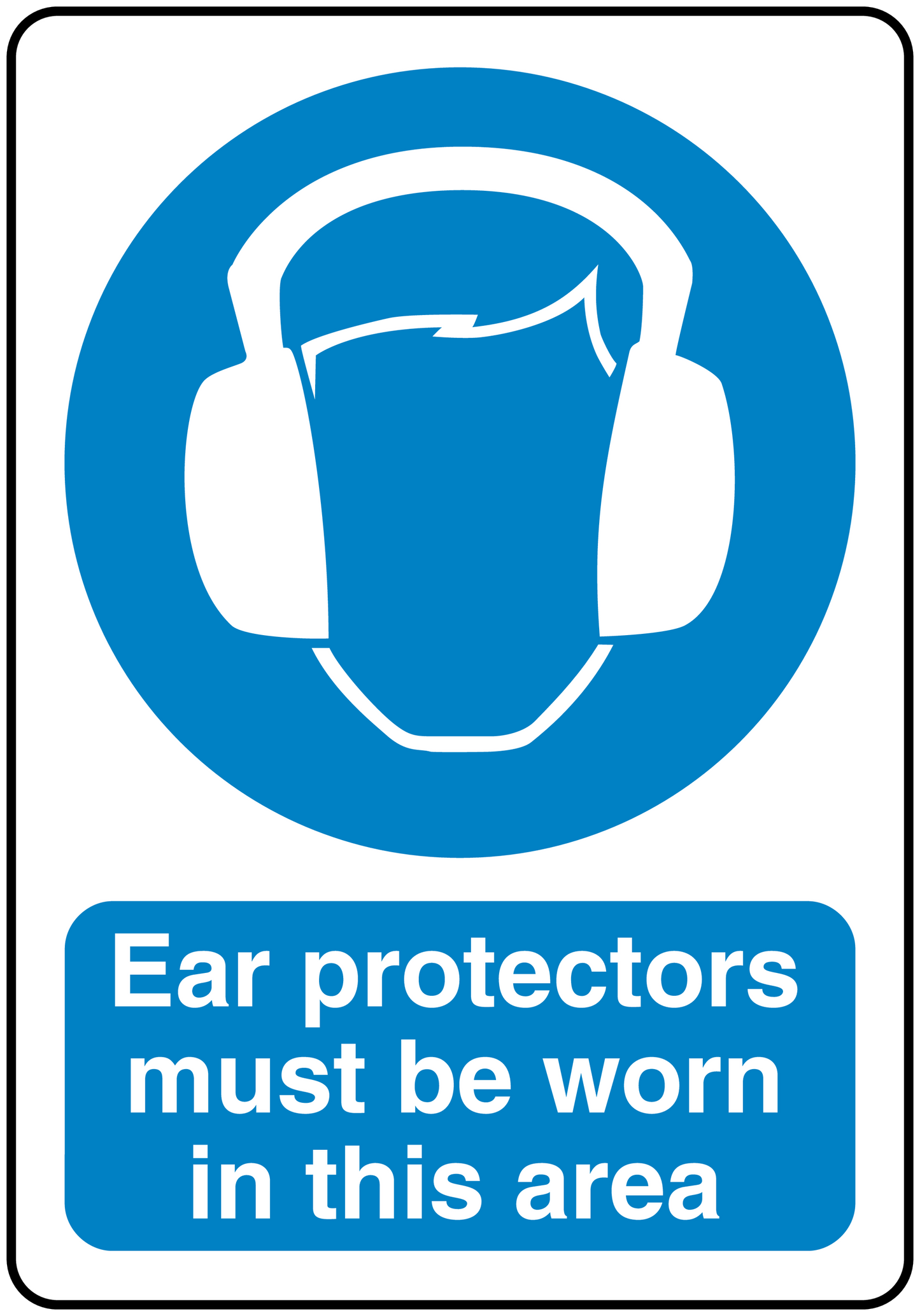 Safety sign sticker with ear-protectors icon and text: Ear protectors must be worn in this area