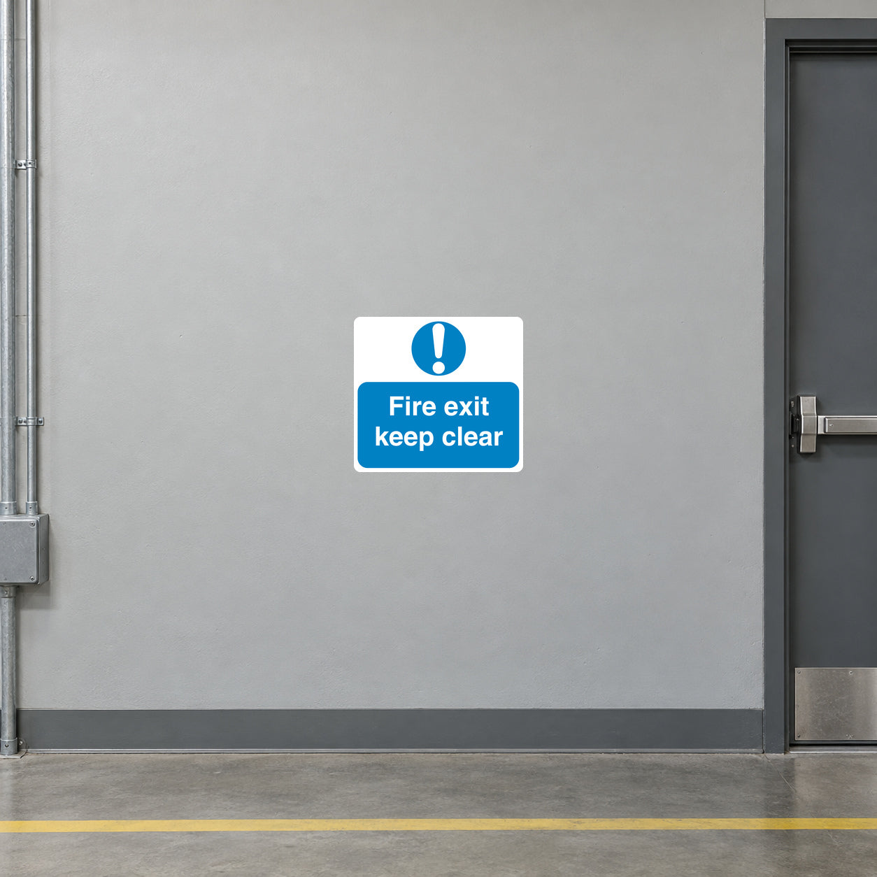 Safety sign sticker with blue door icon and text “Fire exit keep clear”