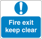 Fire exit keep clear safety sign sticker with blue background and white text