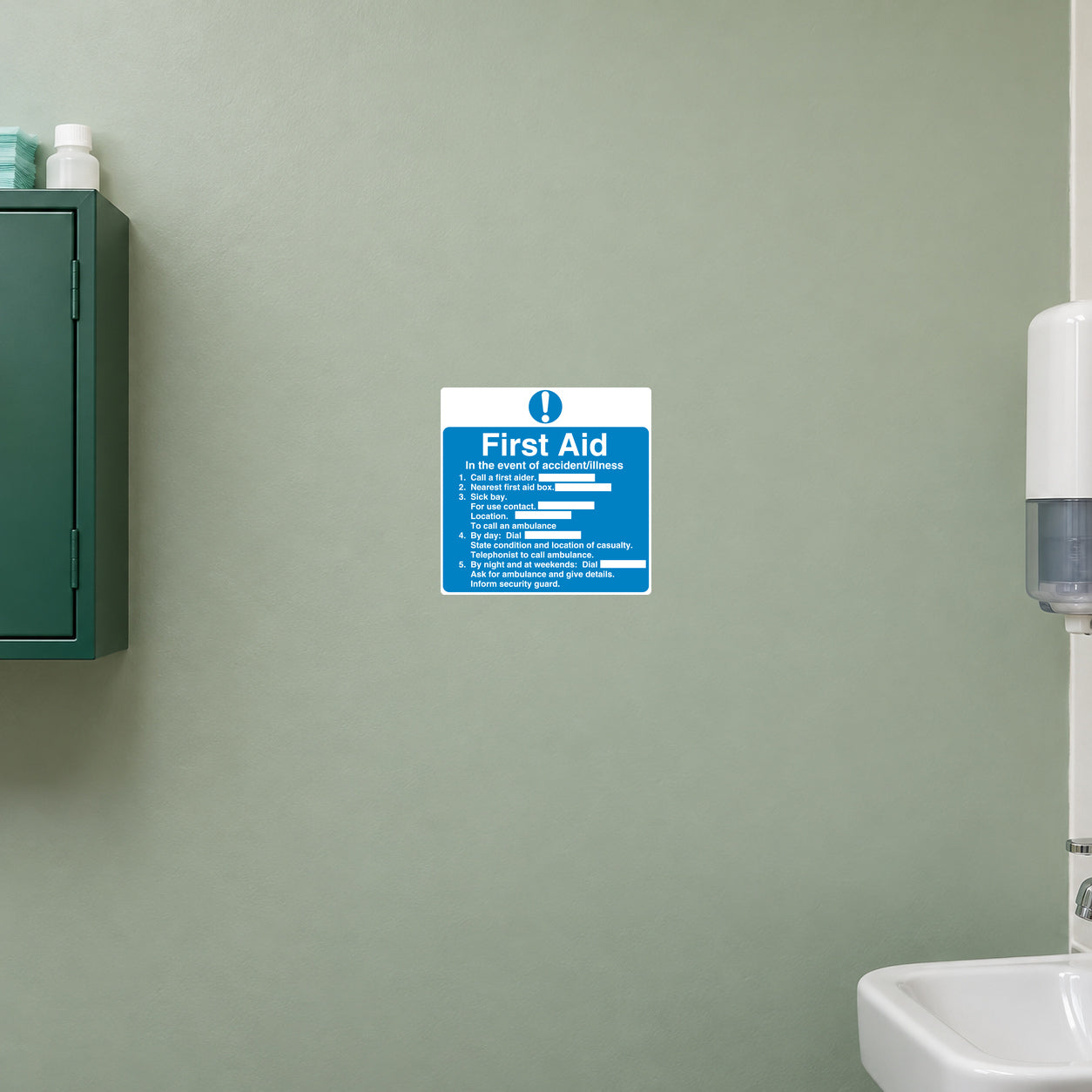Blue First Aid safety sign sticker with white text and cross icon
