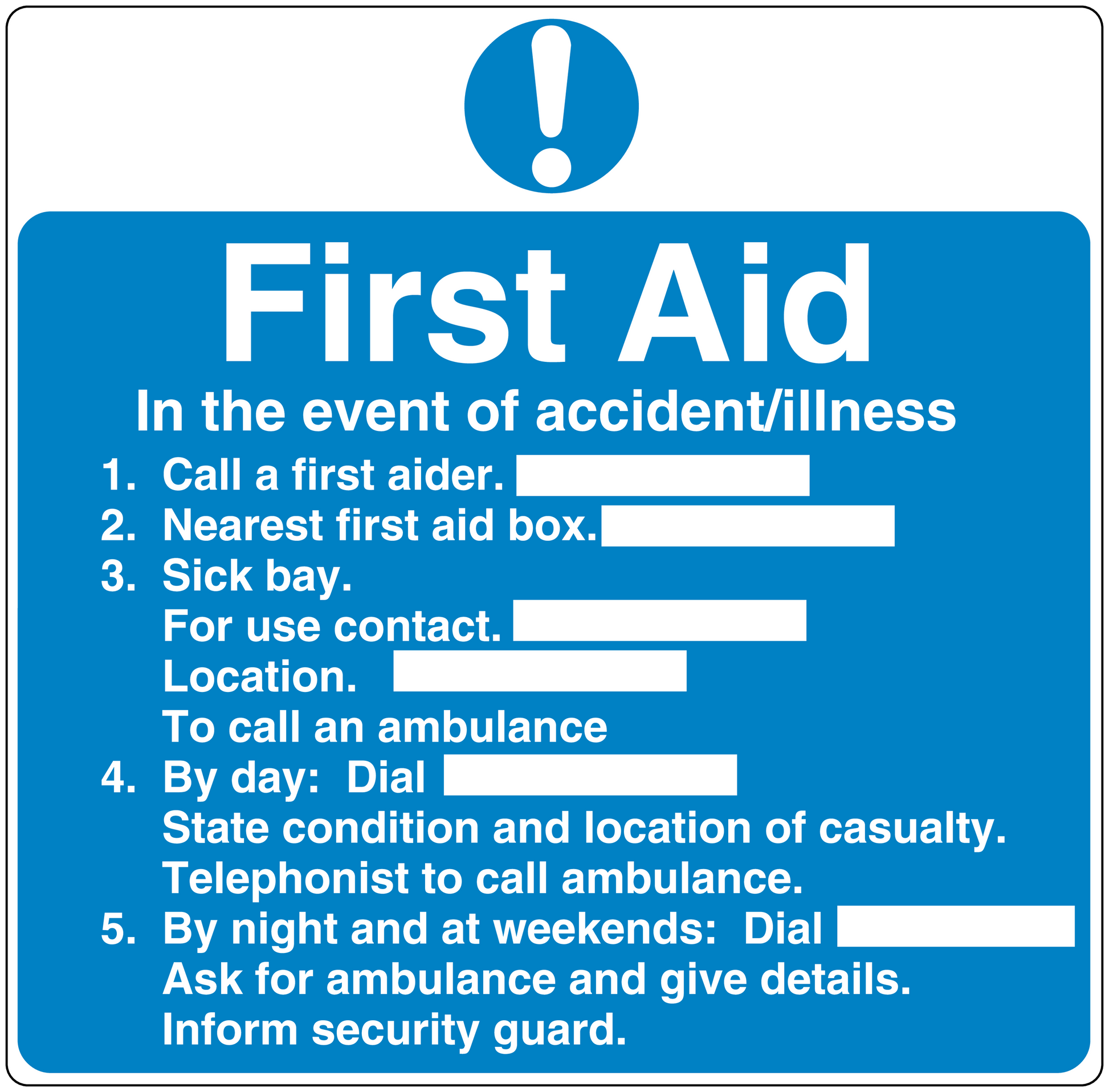 Blue First Aid safety sign sticker with large "First Aid" heading and numbered first-aid instructions