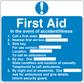 Blue First Aid safety sign sticker with large "First Aid" heading and numbered first-aid instructions