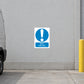 Safety sign sticker: white square with blue circle exclamation mark and text “Drive with care”