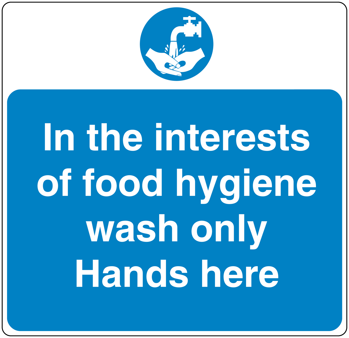 Safety sign sticker with food hygiene message and handwashing icon, blue text on blue background