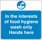 Safety sign sticker with food hygiene message and handwashing icon, blue text on blue background
