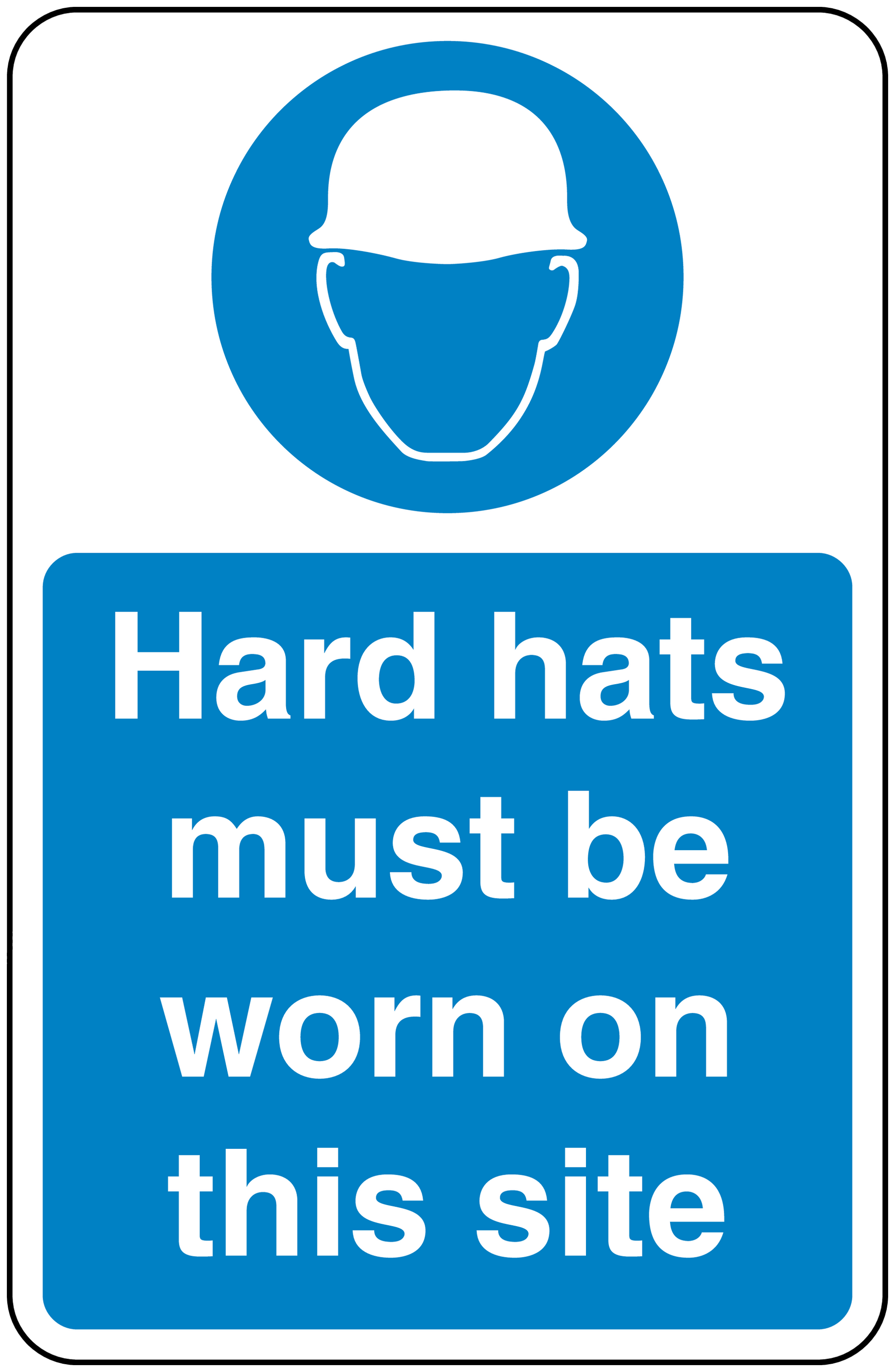 Safety sign sticker with hard hat icon and text: Hard hats must be worn on this site