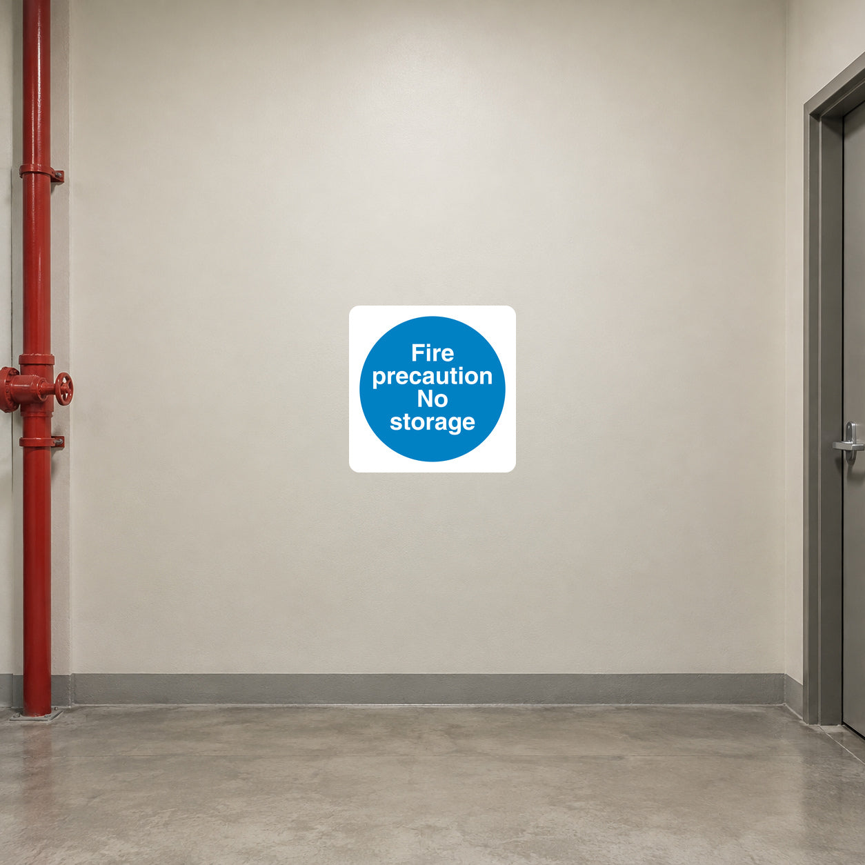 Safety Sign Sticker applied in a smooth cream wall in a clear building service corridor reserved free of storage, doorway extreme right and red fire pipe far left, empty floor below