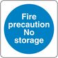 Safety sign sticker with blue circle and white text: “Fire precaution No storage”