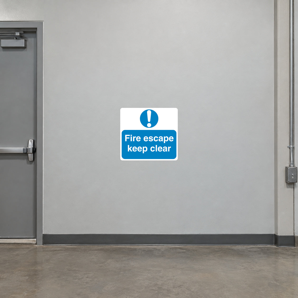 Fire escape keep clear safety sign sticker, white and blue rectangular label