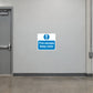 Fire escape keep clear safety sign sticker, white and blue rectangular label