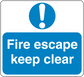 Safety sign sticker with fire escape keep clear text and blue exclamation icon