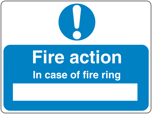 Blue safety sign sticker with exclamation: Fire action; In case of fire ring