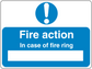 Blue safety sign sticker with exclamation: Fire action; In case of fire ring