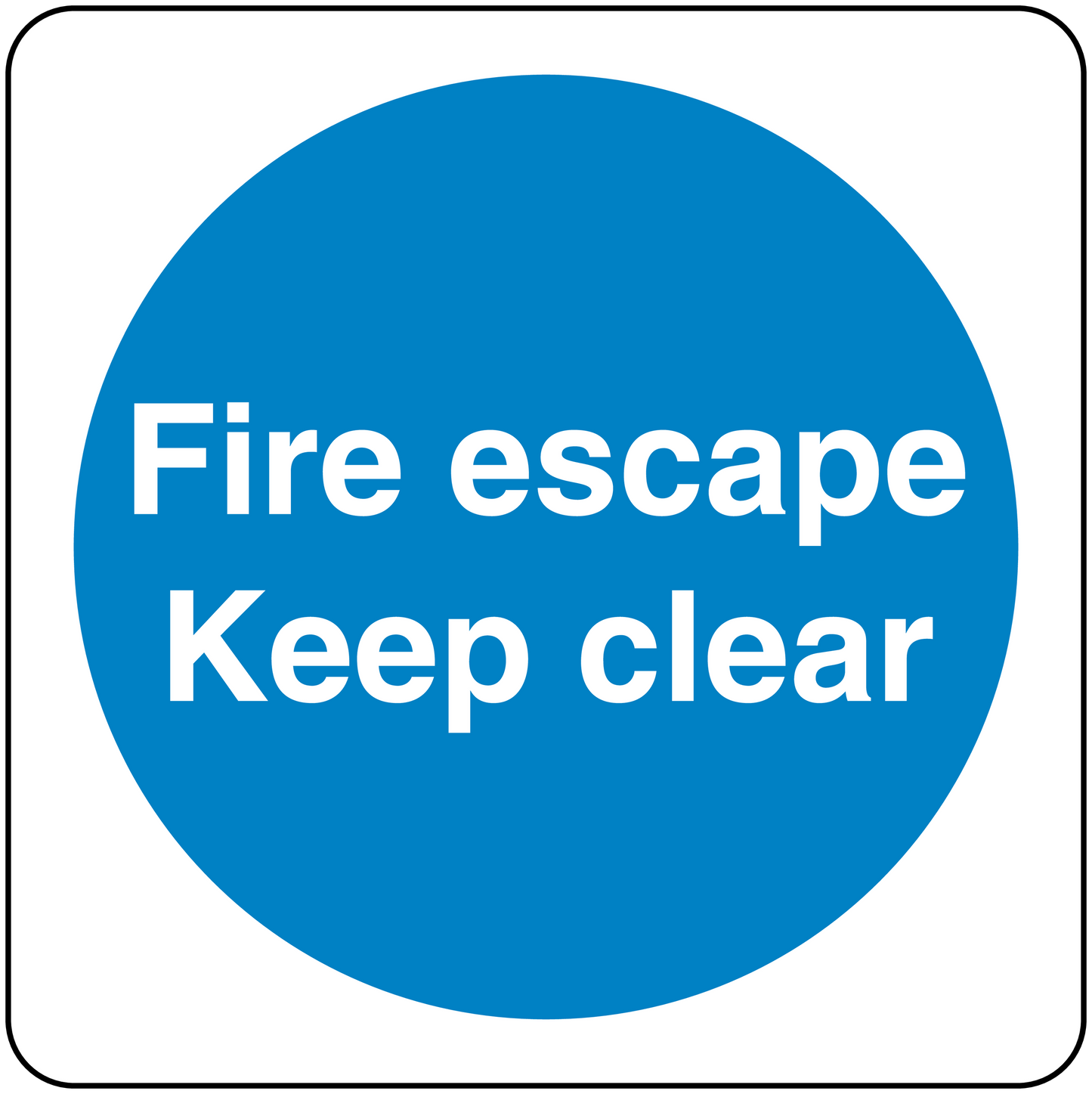 Safety sign sticker with blue circle and white text: Fire escape, Keep clear
