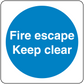 Safety sign sticker with blue circle and white text: Fire escape, Keep clear