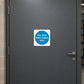 Safety sign sticker with white square and blue circle: “Fire door Keep locked shut”