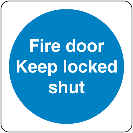 Safety sign sticker with blue circle and white text: “Fire door Keep locked shut”