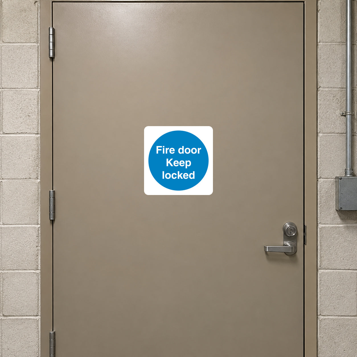 Safety sign sticker with “Fire door Keep locked” message